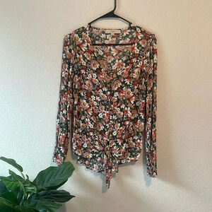 Loft small long sleeve button up tie waist floral blouse